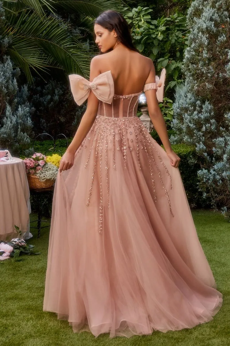 Andrea & Leo Couture A1338 Sheer Corset Crystal A Line Bow Sleeve Formal Gown Prom