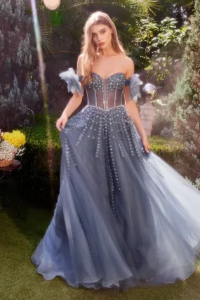 Andrea & Leo Couture A1338 Sheer Corset Crystal A Line Bow Sleeve Formal Gown Prom
