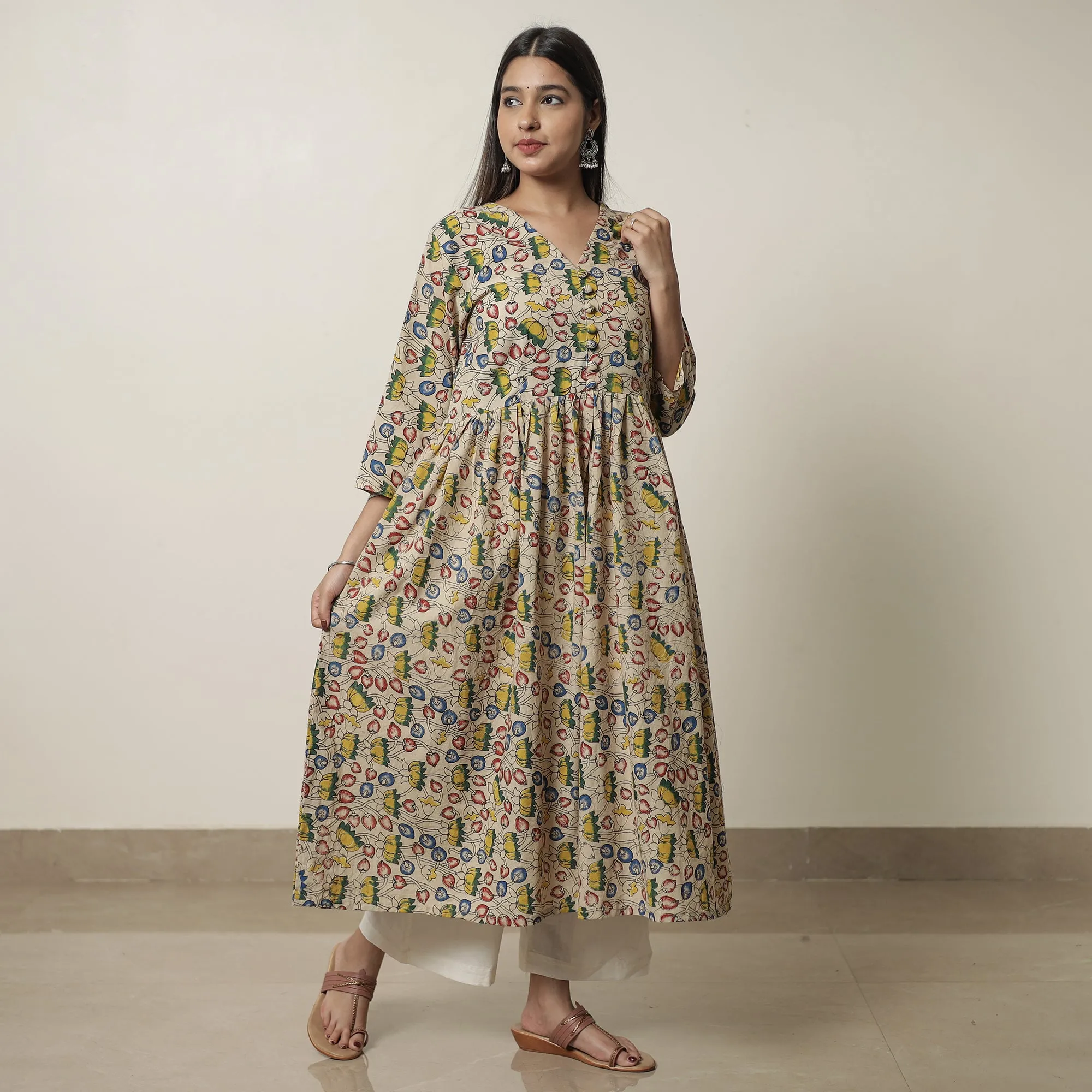Beige - Kalamkari Printed Cotton Flared Kurta 07