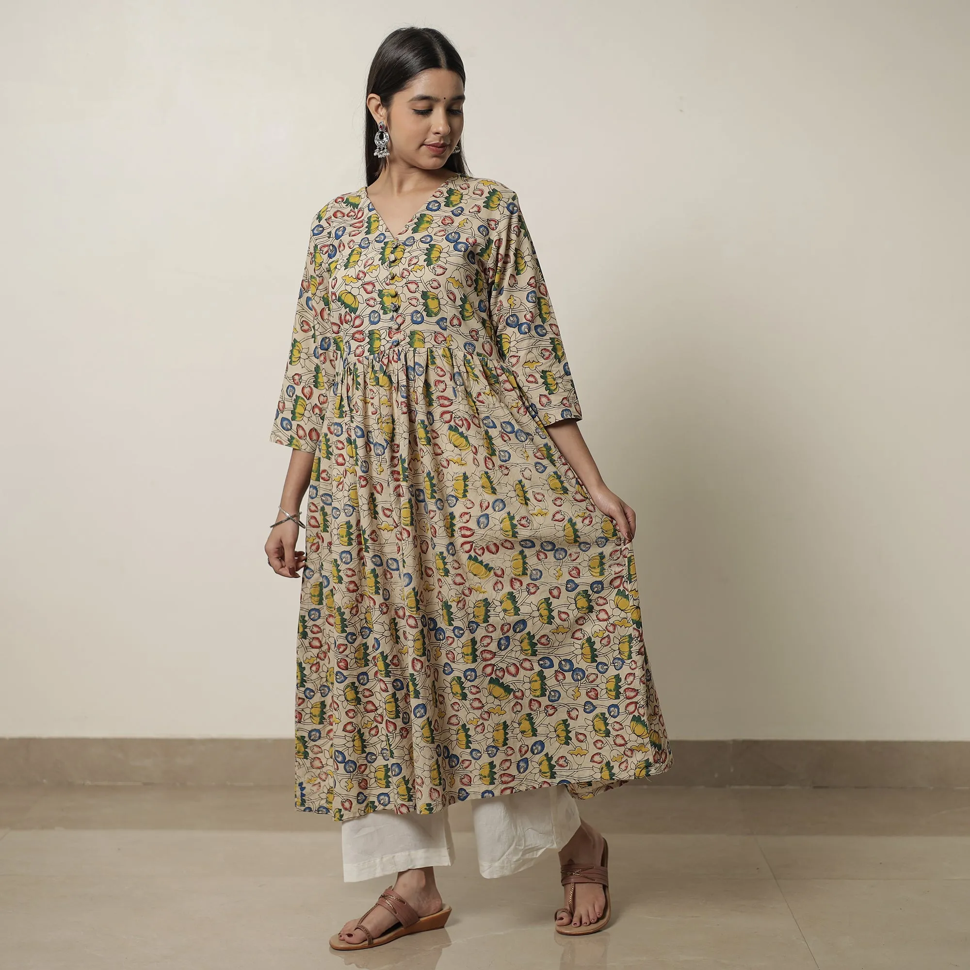 Beige - Kalamkari Printed Cotton Flared Kurta 07