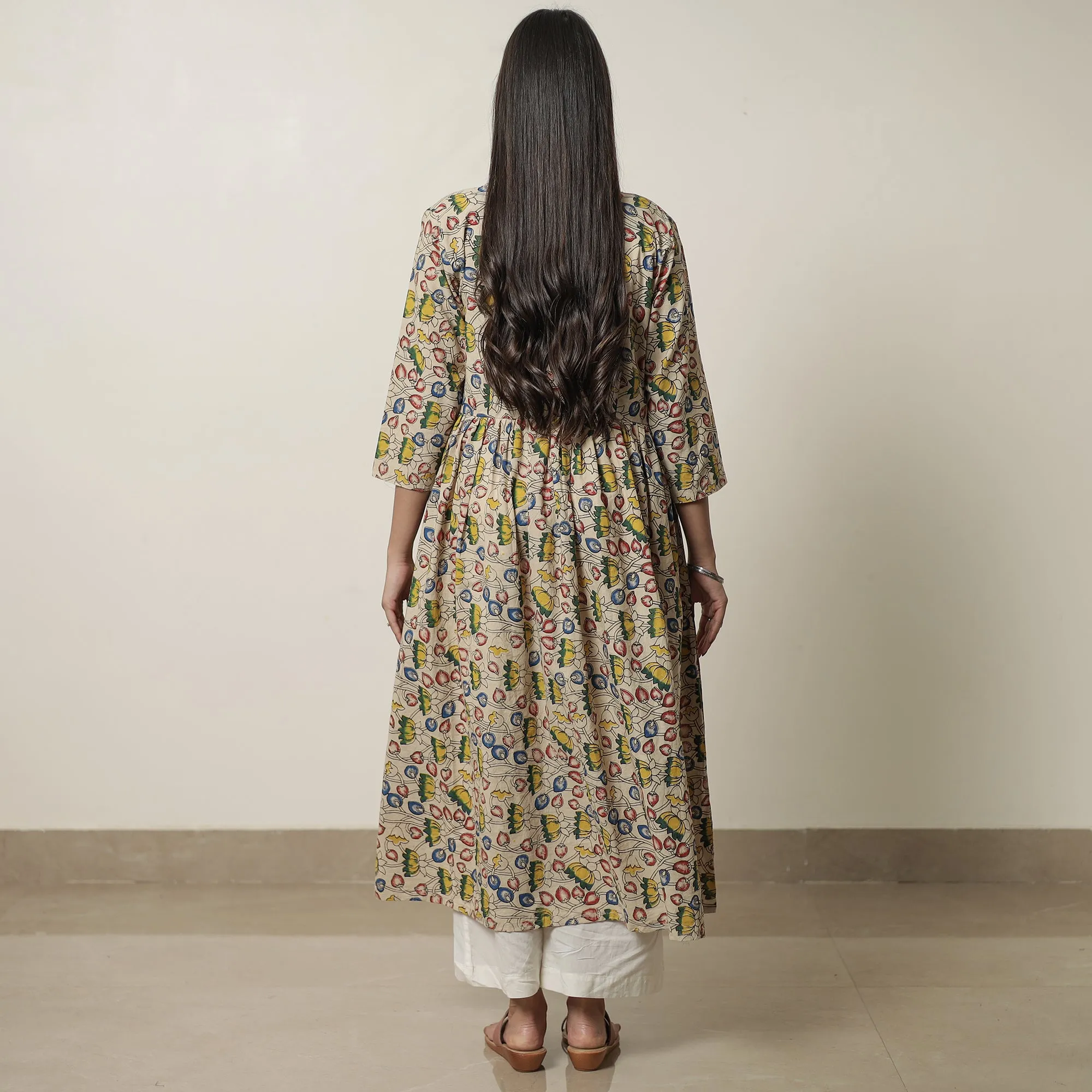 Beige - Kalamkari Printed Cotton Flared Kurta 07