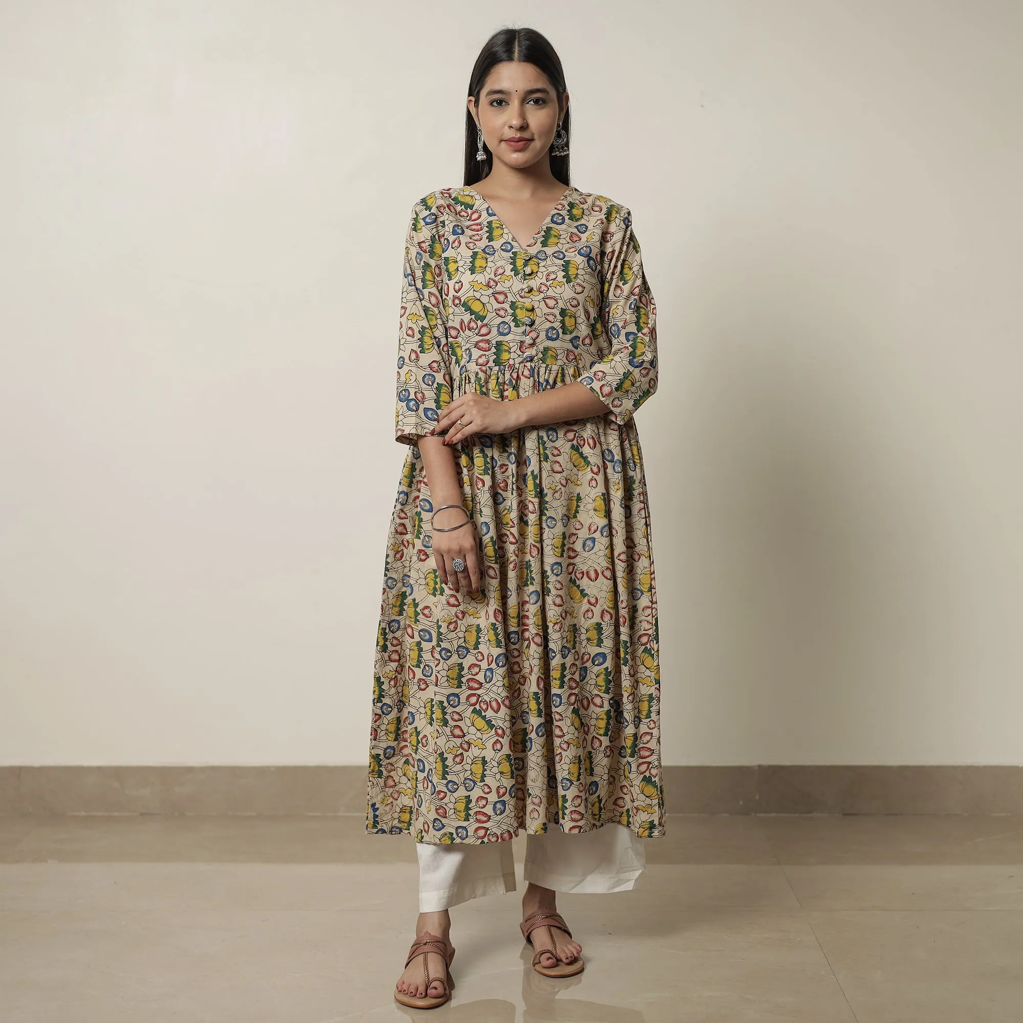 Beige - Kalamkari Printed Cotton Flared Kurta 07