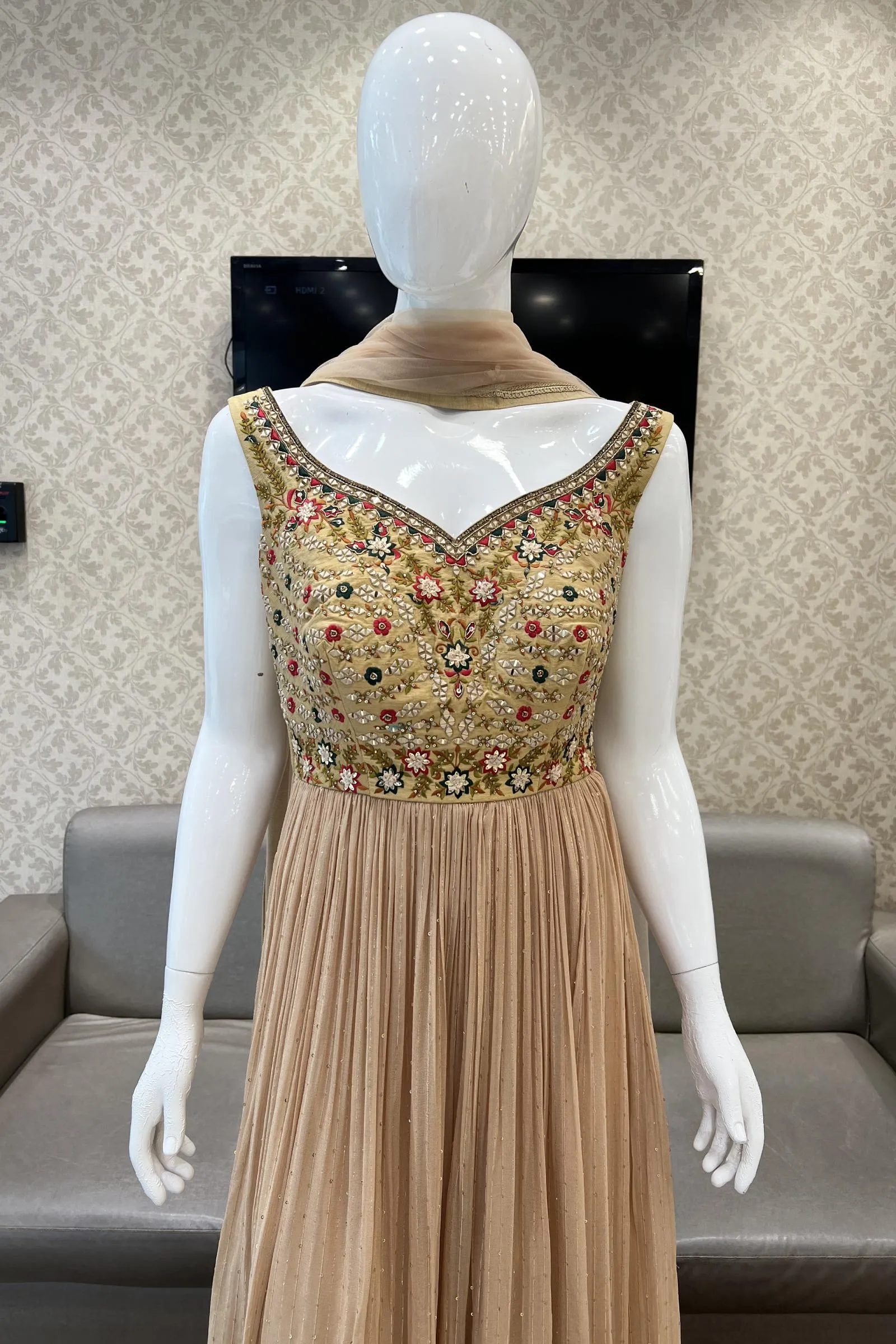 Beige Multicolor Embroidery, Stone, Sequins and Thread work Salwar Suit with Palazzo Pants