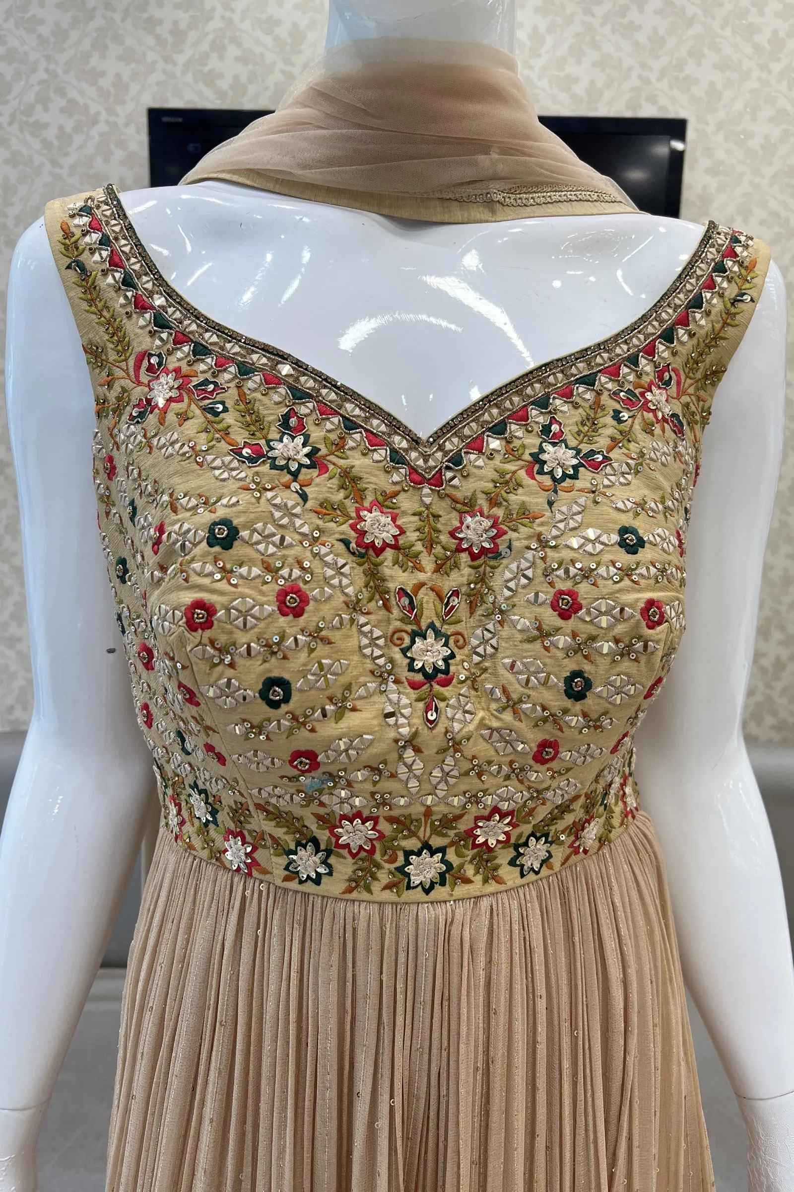 Beige Multicolor Embroidery, Stone, Sequins and Thread work Salwar Suit with Palazzo Pants