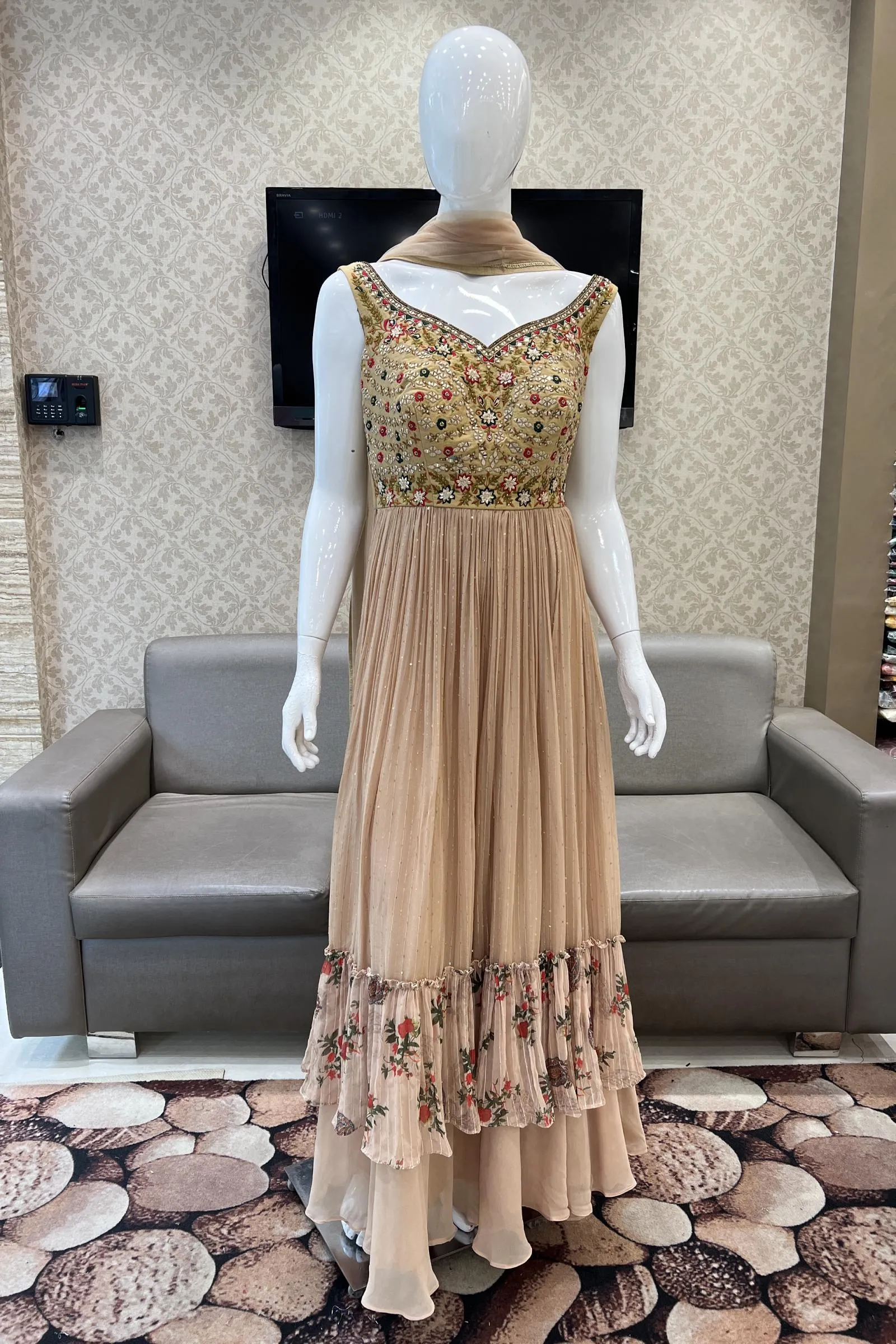 Beige Multicolor Embroidery, Stone, Sequins and Thread work Salwar Suit with Palazzo Pants