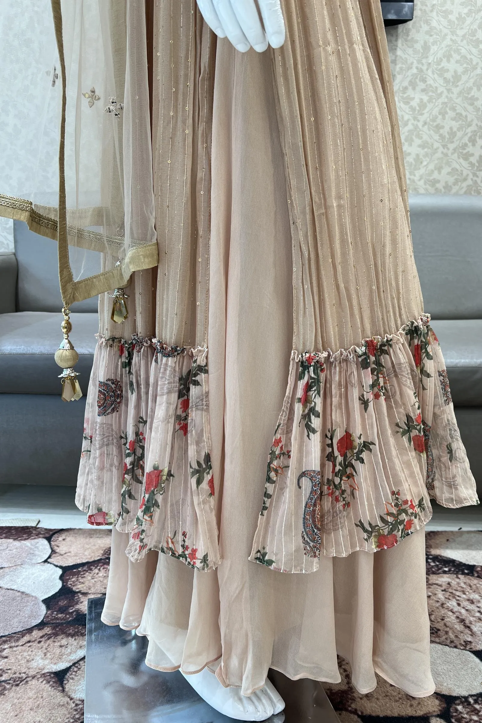 Beige Multicolor Embroidery, Stone, Sequins and Thread work Salwar Suit with Palazzo Pants