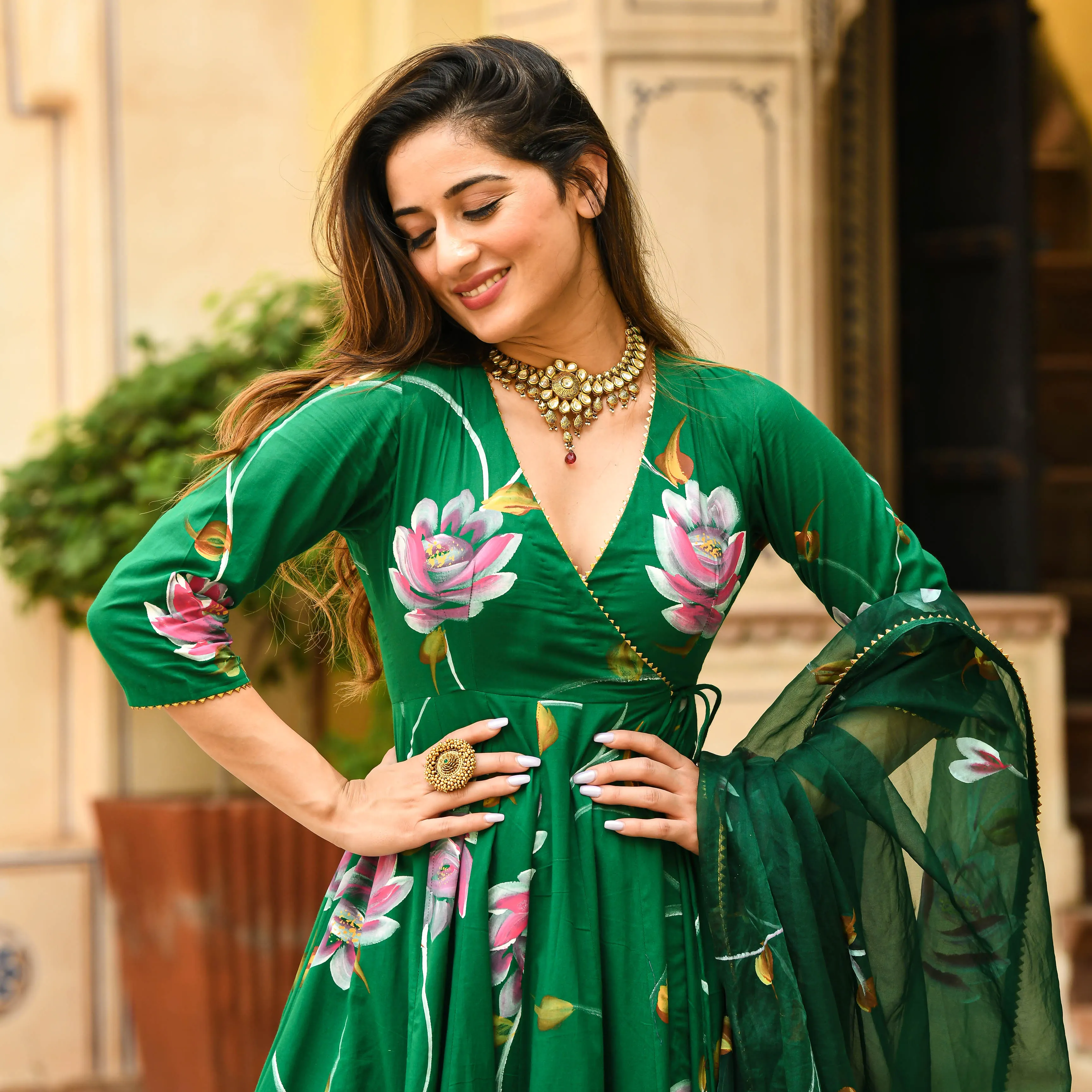 Bunaai Bright Green Handpainted Suit Set