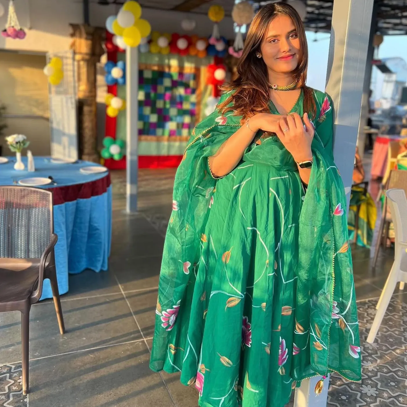 Bunaai Bright Green Handpainted Suit Set