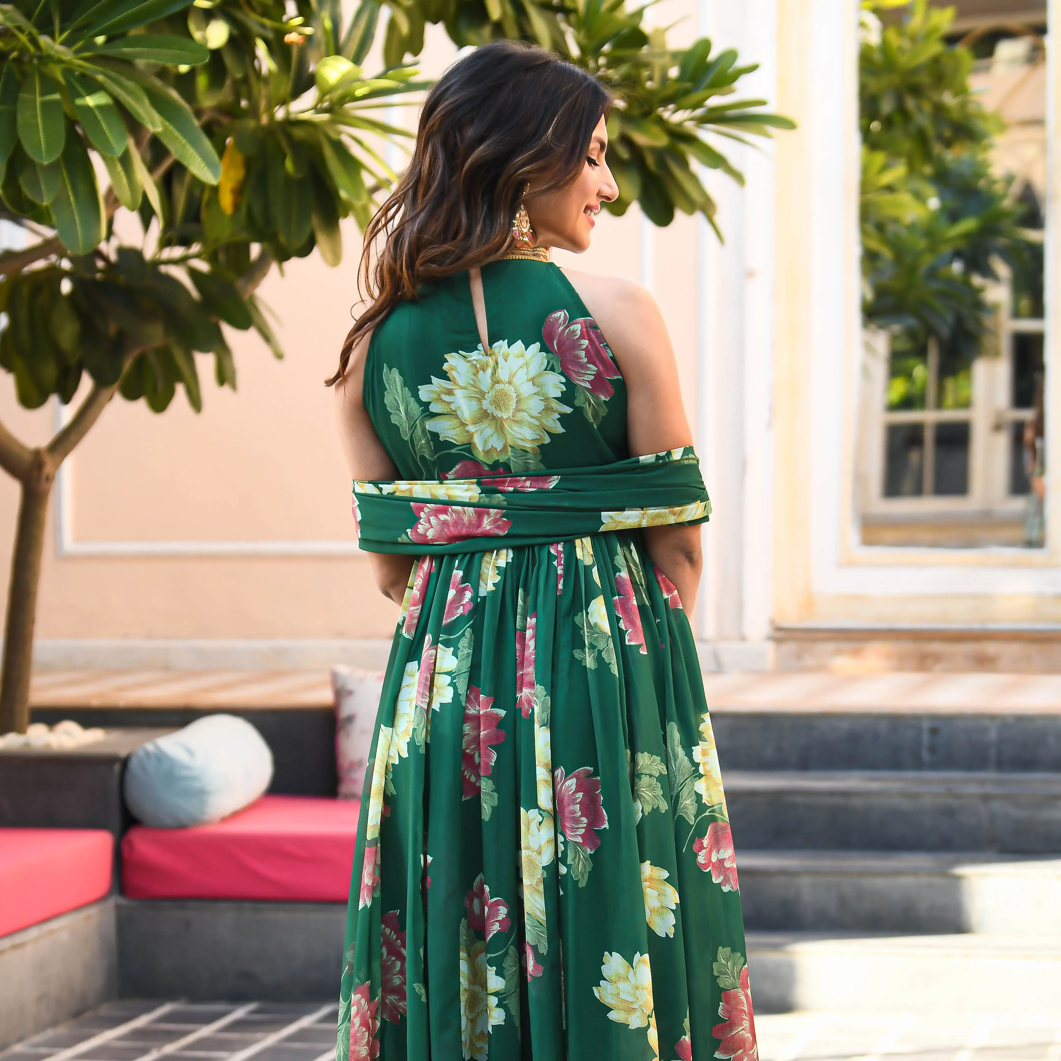 Bunaai Dark Green Floral Print Georgette Salwar Suit