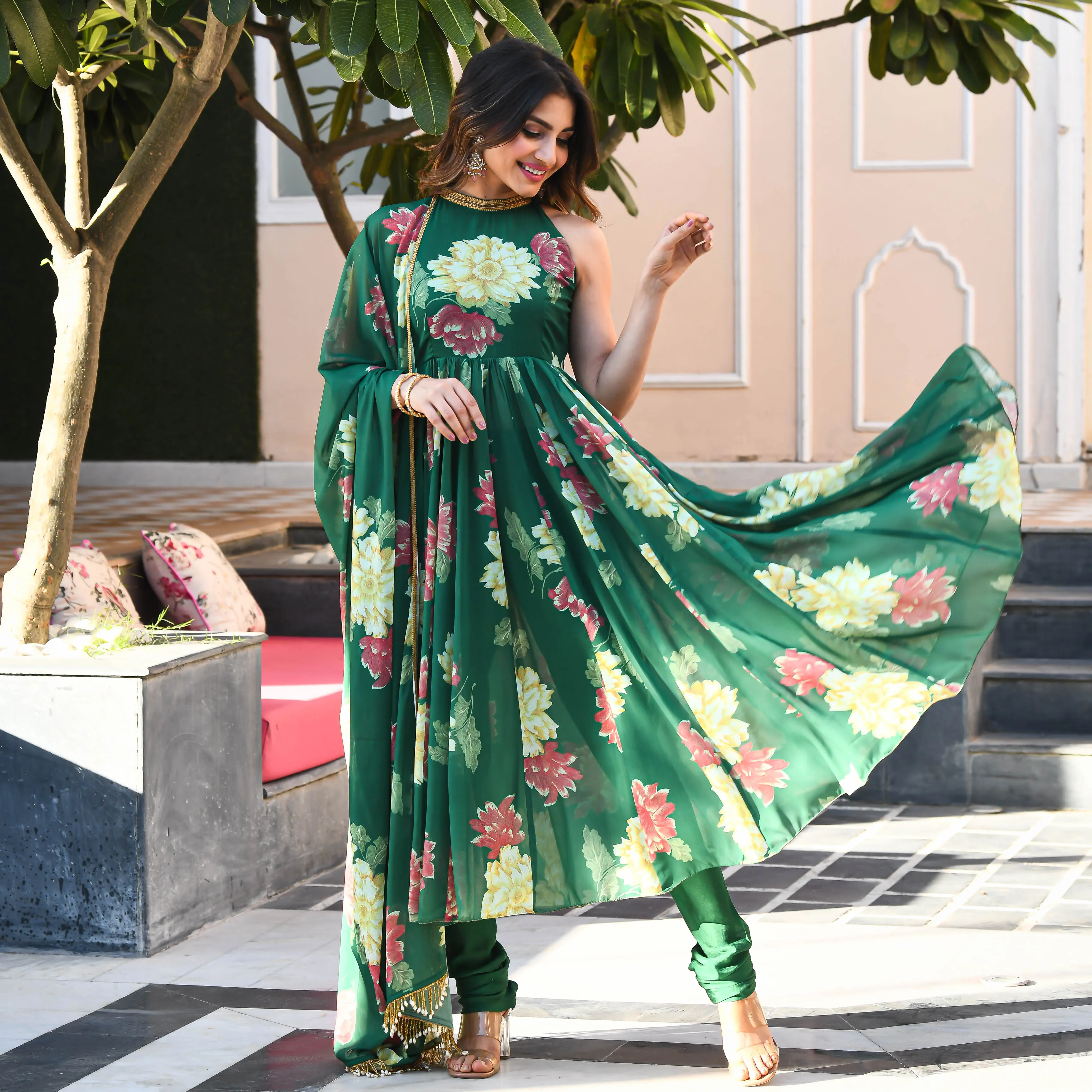 Bunaai Dark Green Floral Print Georgette Salwar Suit