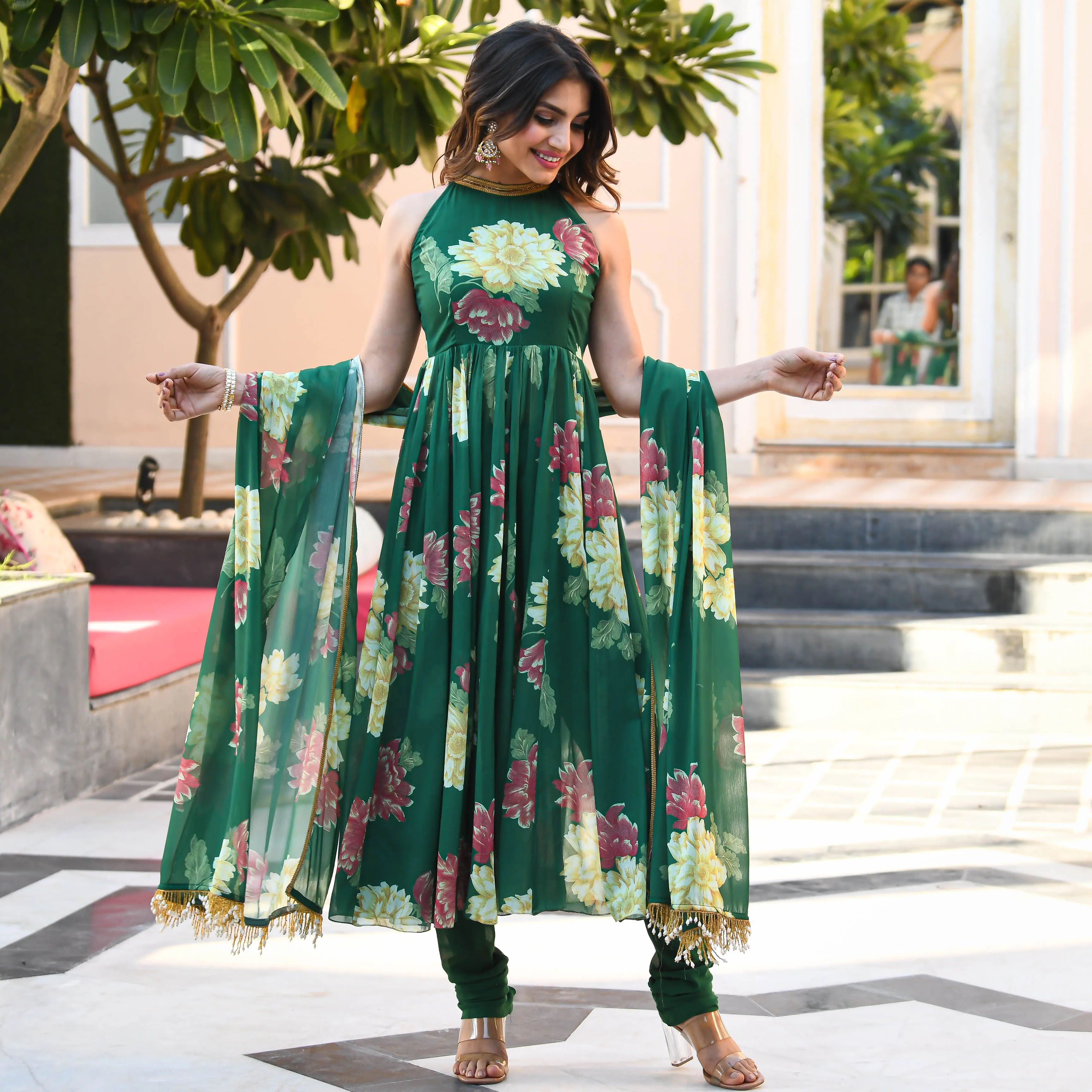 Bunaai Dark Green Floral Print Georgette Salwar Suit