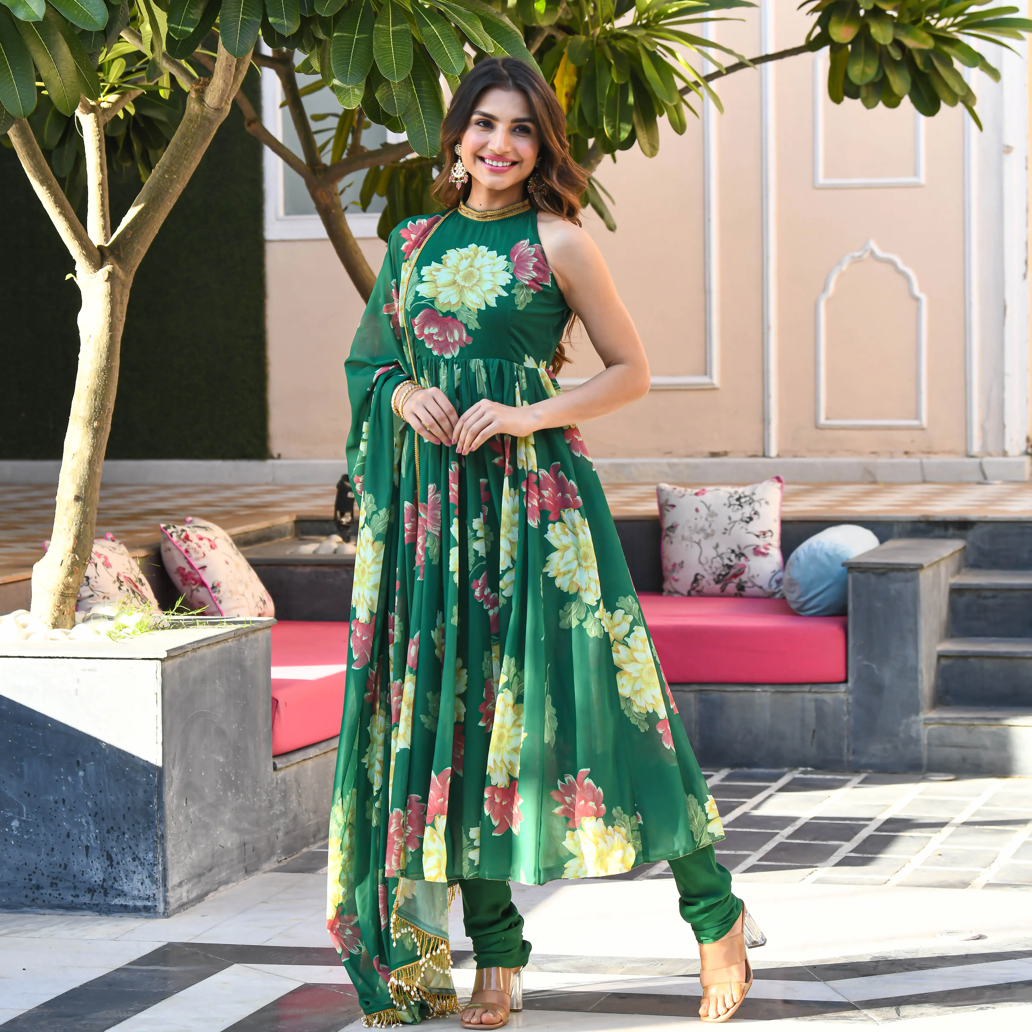Bunaai Dark Green Floral Print Georgette Salwar Suit