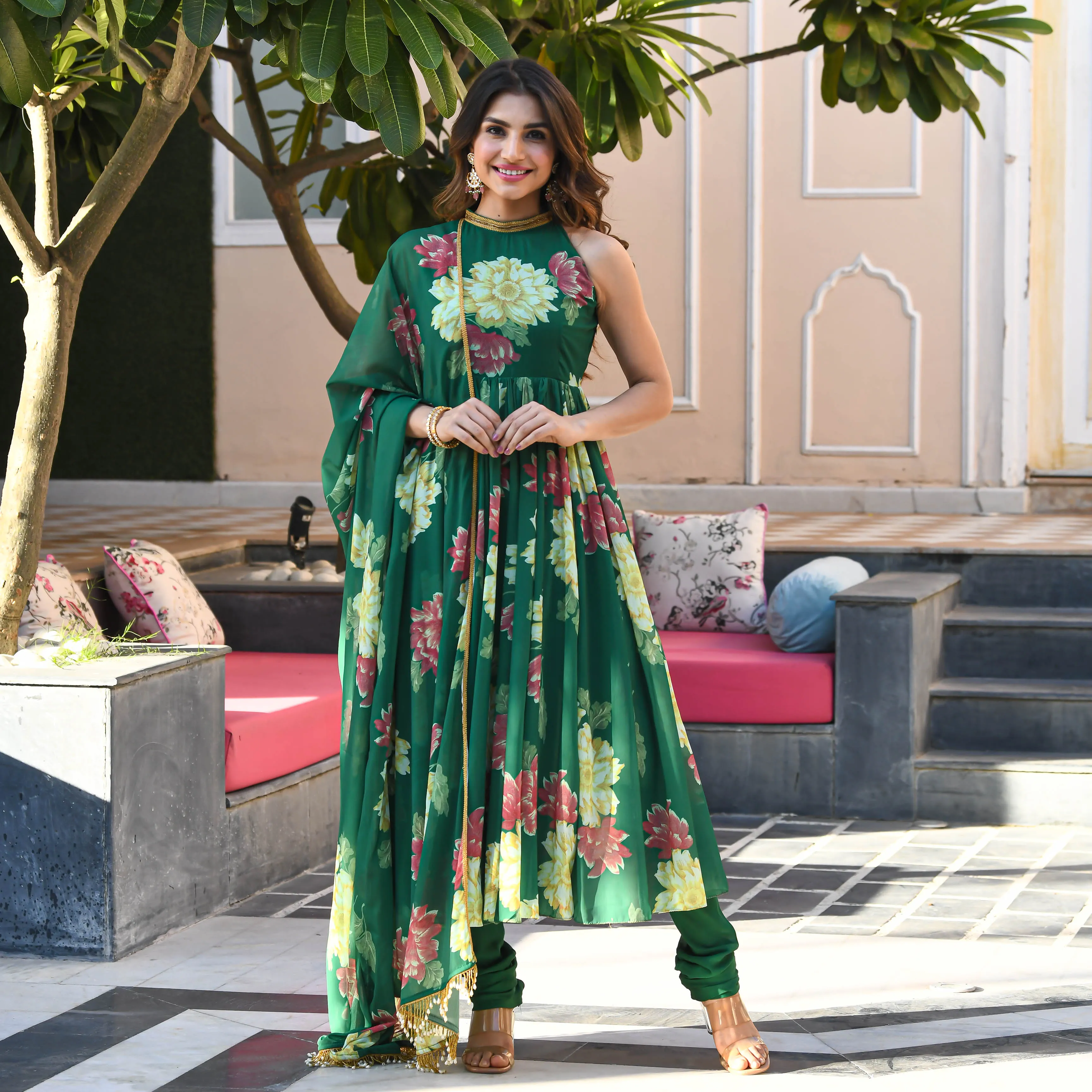 Bunaai Dark Green Floral Print Georgette Salwar Suit