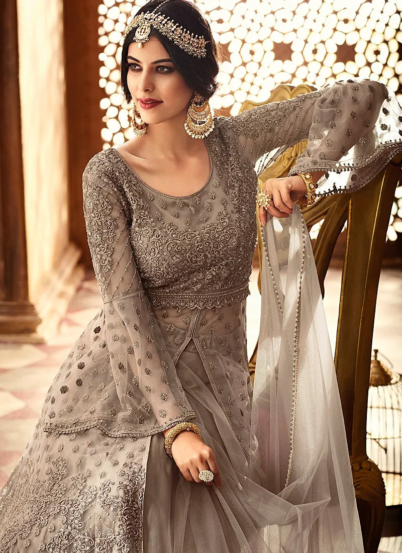 Grey Net And Satin Embroidered Lehenga Kurti Set