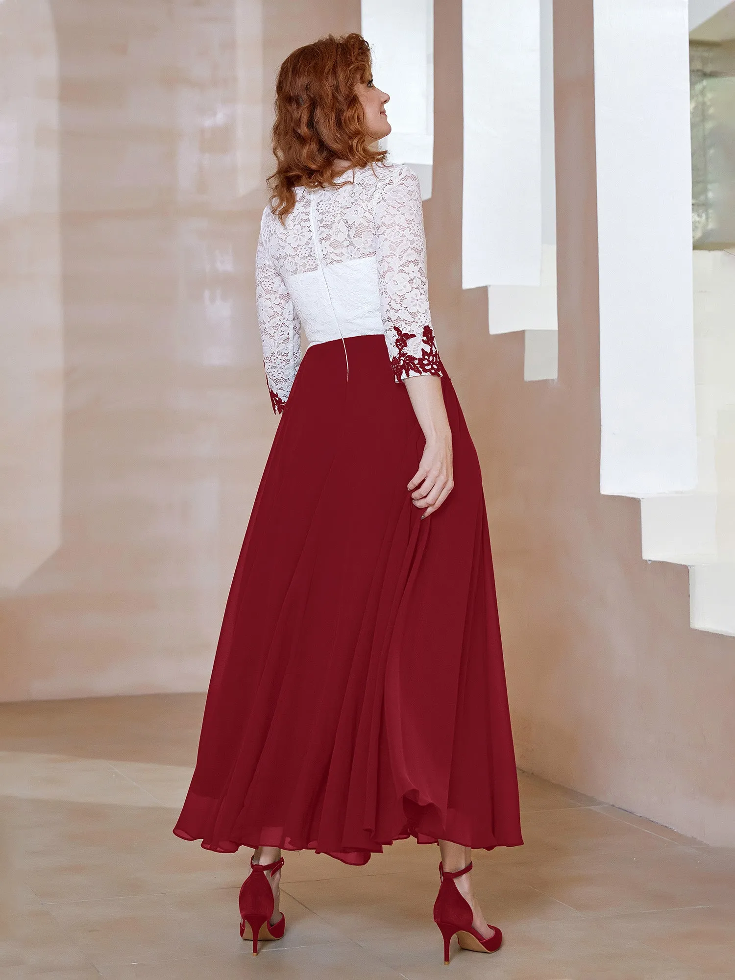 Illusion Neckline Applique Long Sleeves Dress Burgundy