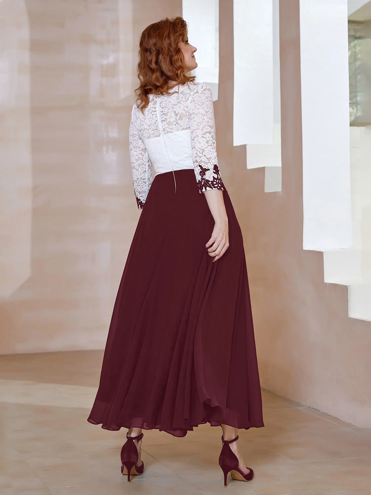 Illusion Neckline Applique Long Sleeves Dress Cabernet