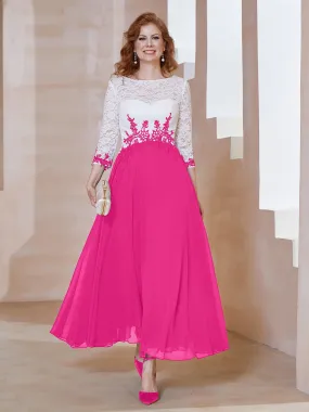 Illusion Neckline Applique Long Sleeves Dress Fuchsia