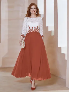 Illusion Neckline Applique Long Sleeves Dress Rust