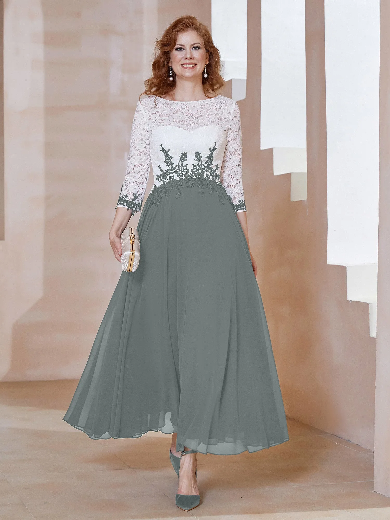 Illusion Neckline Applique Long Sleeves Dress Steel Grey