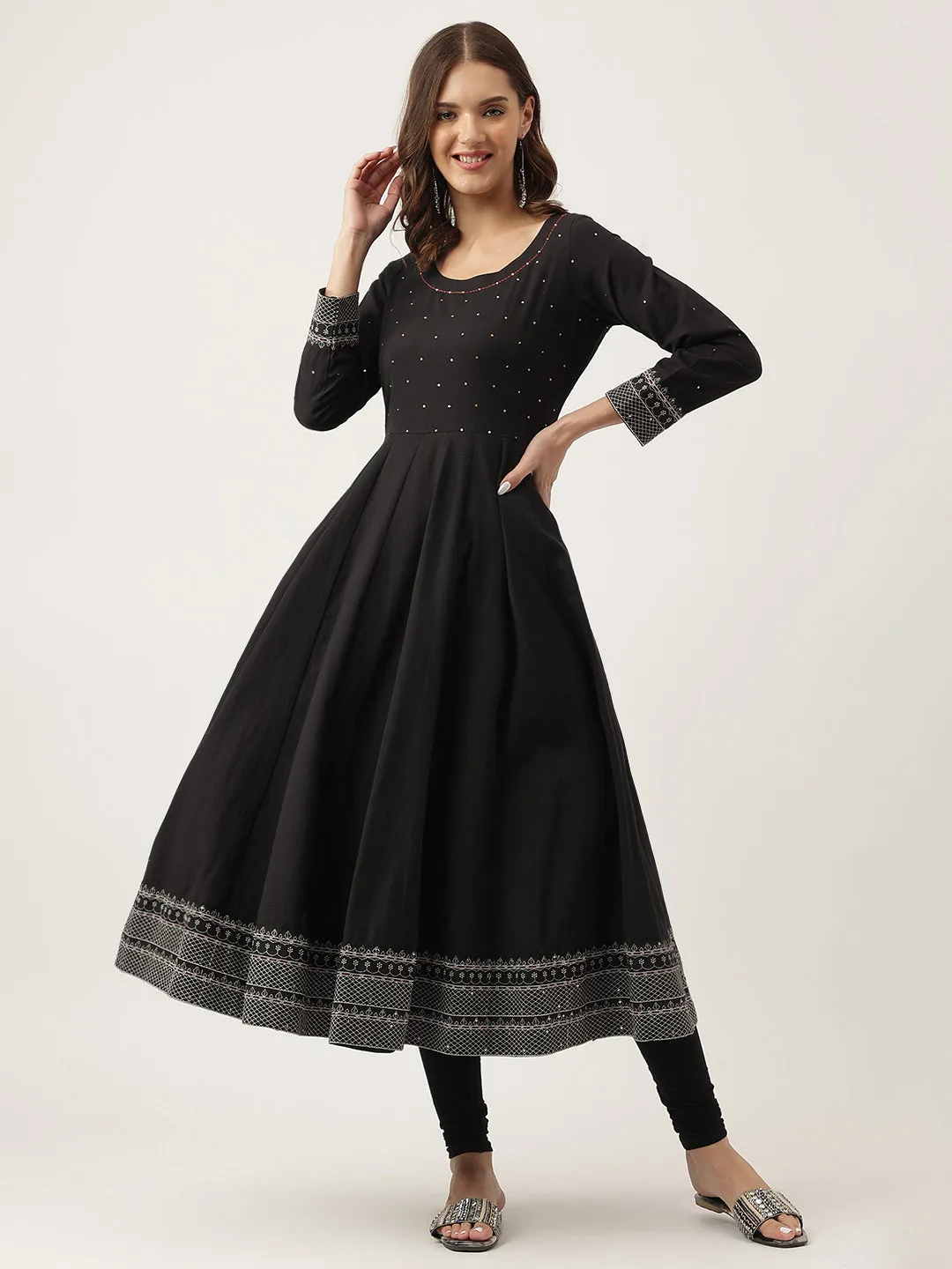 Jashvi Black Embroidered Cotton Anarkali Kurta