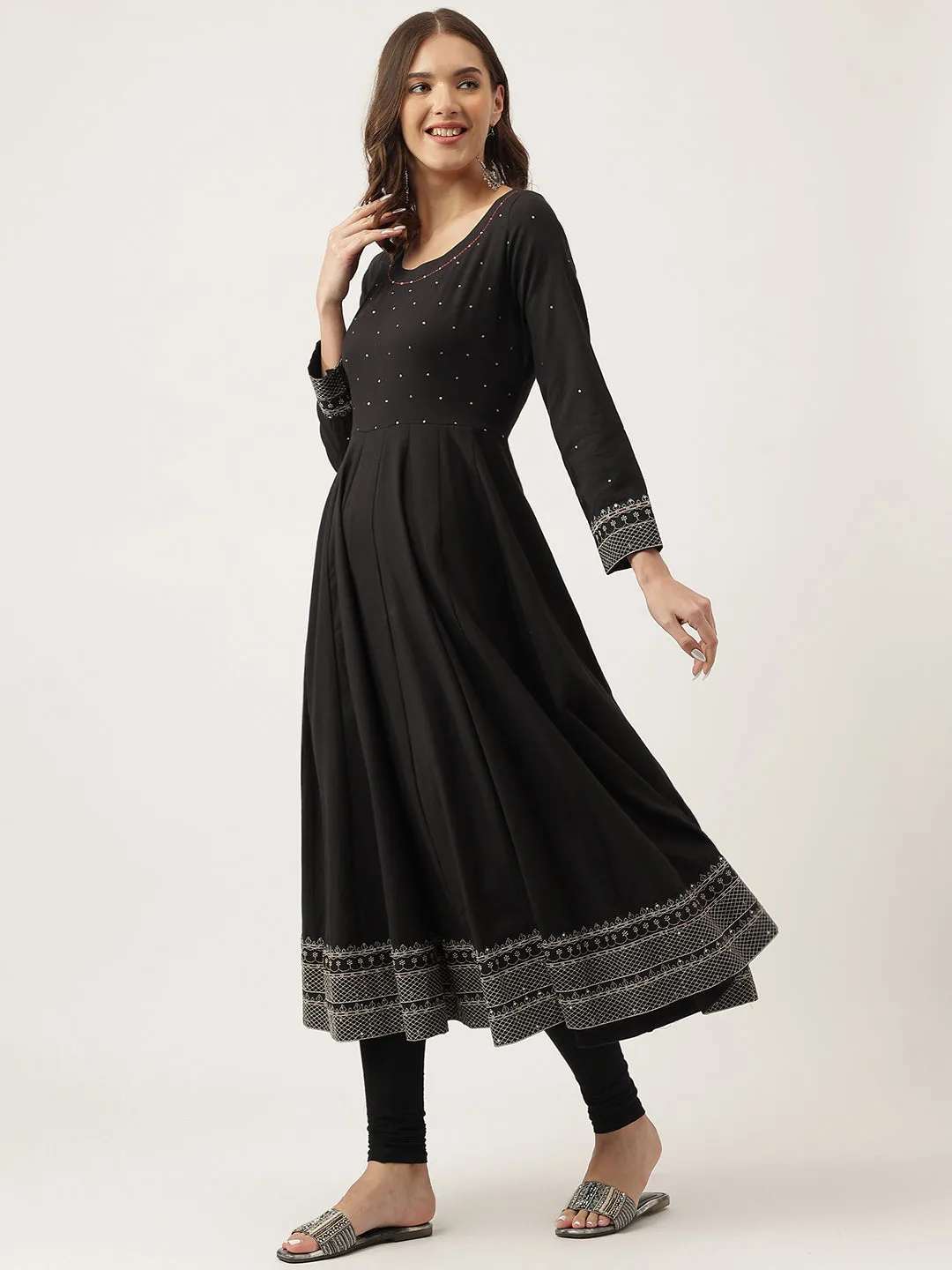 Jashvi Black Embroidered Cotton Anarkali Kurta