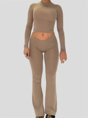 JuliaFashion - Spring Fall Solid Color O-neck Long Sleeve T-Shirts Flared Pants Suits