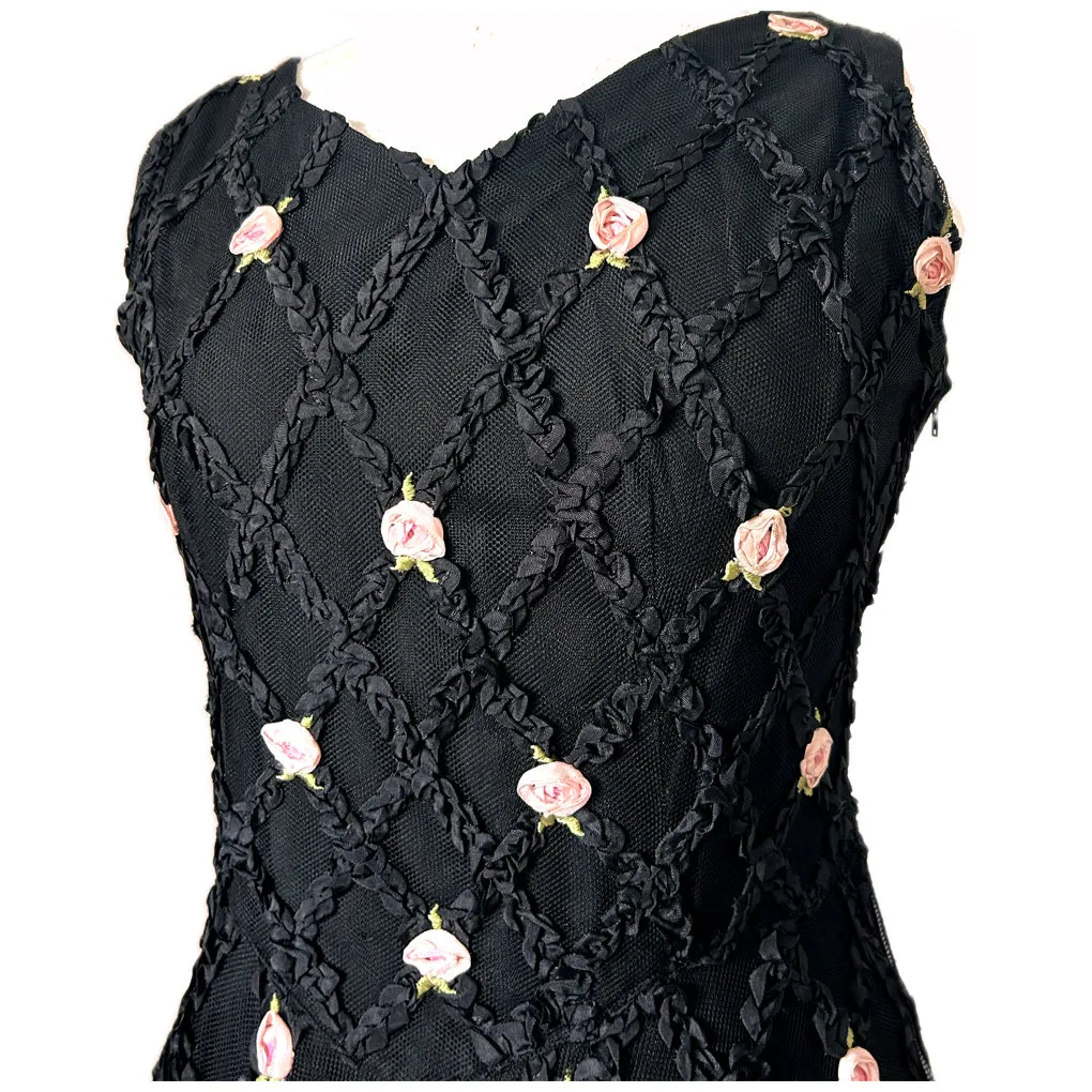 Nettie Vogue black mesh lace and ribbon rose applique evening dress