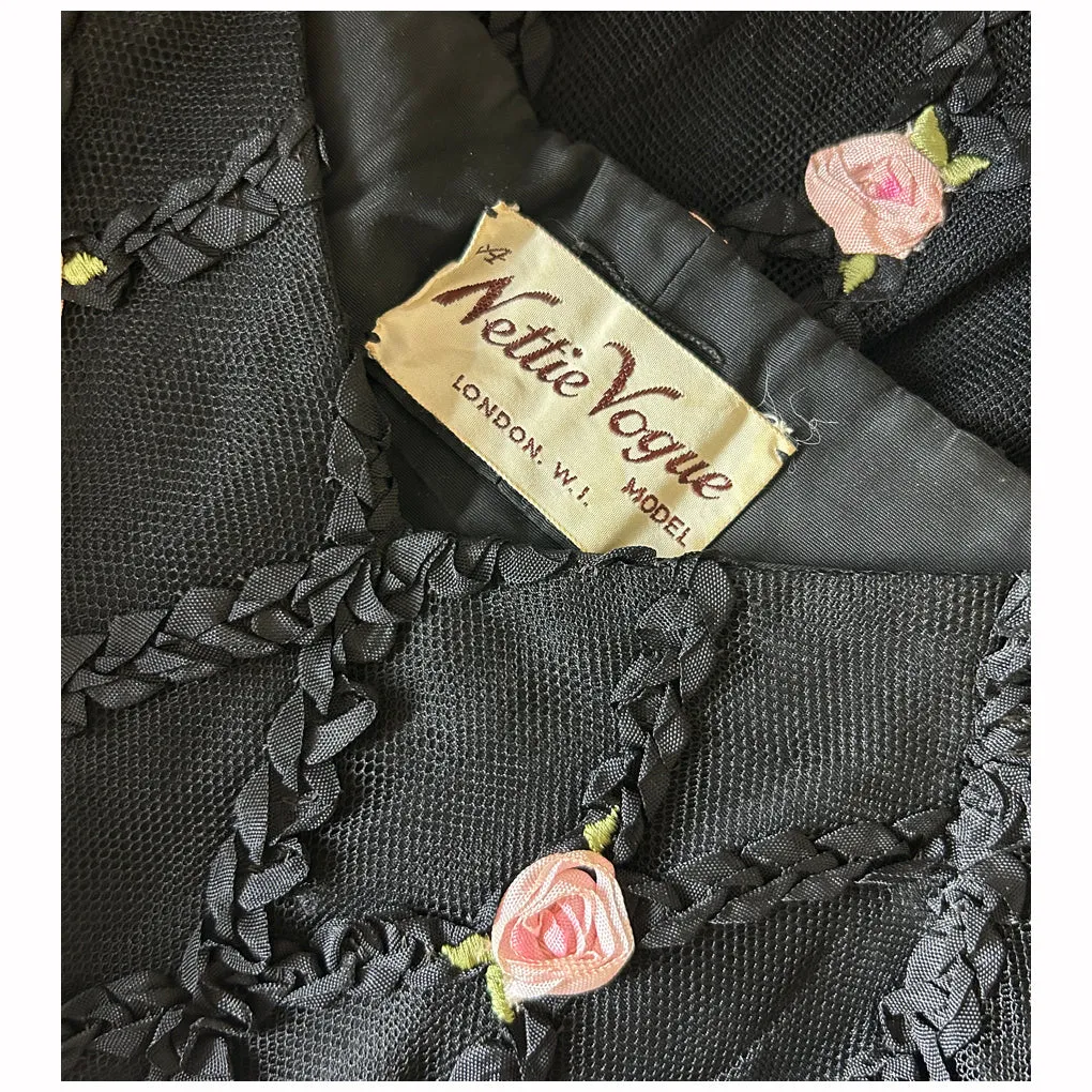 Nettie Vogue black mesh lace and ribbon rose applique evening dress