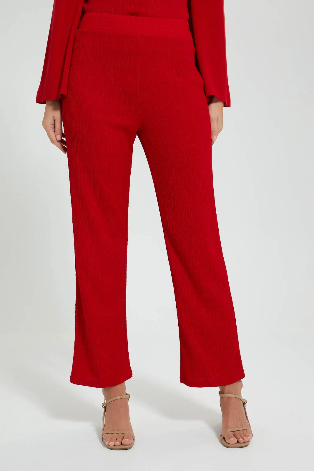 Red Textured Wide Leg Pant