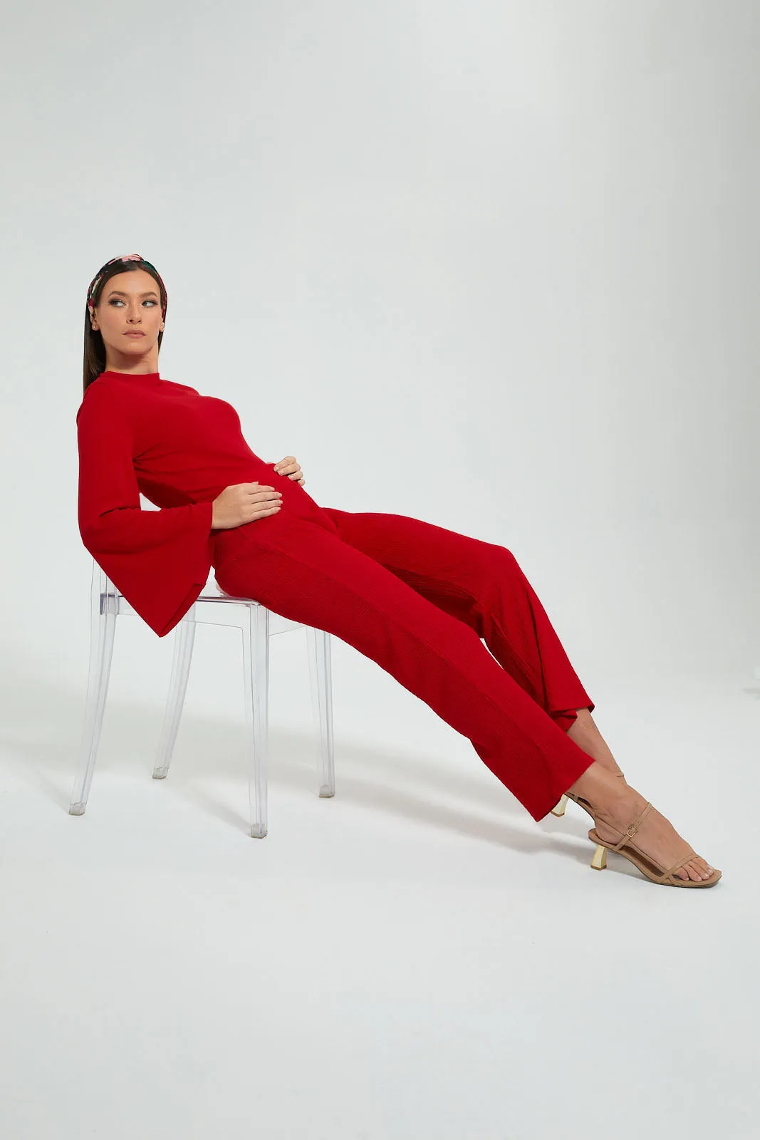 Red Textured Wide Leg Pant
