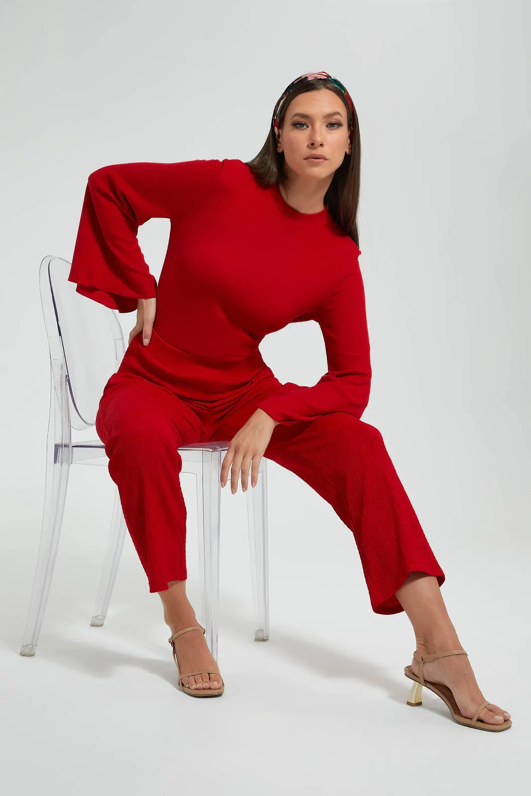 Red Textured Wide Leg Pant