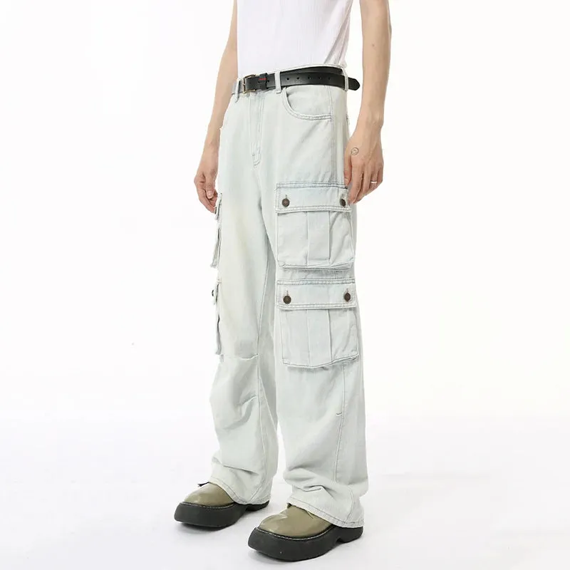 Solid Light Denim Loose Cargo Jeans