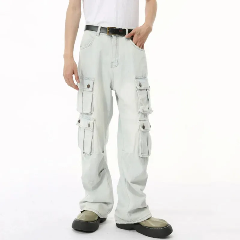 Solid Light Denim Loose Cargo Jeans