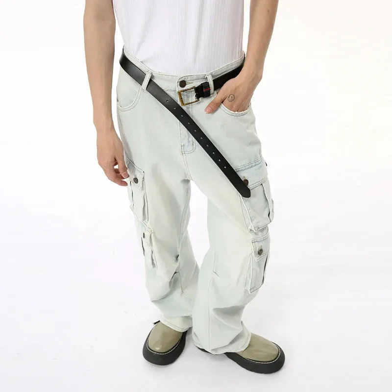 Solid Light Denim Loose Cargo Jeans