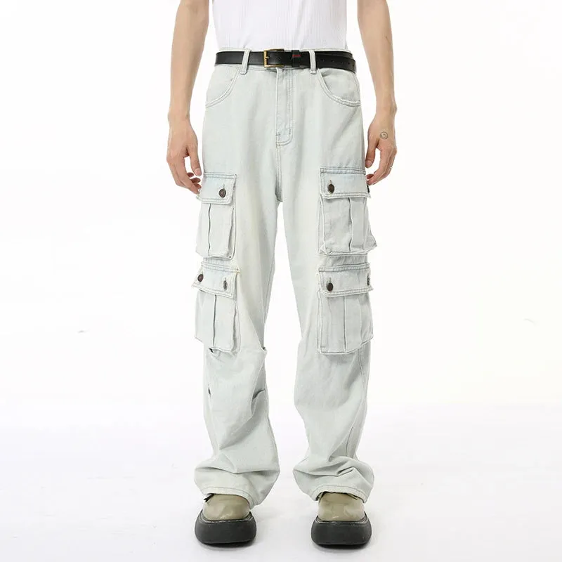 Solid Light Denim Loose Cargo Jeans