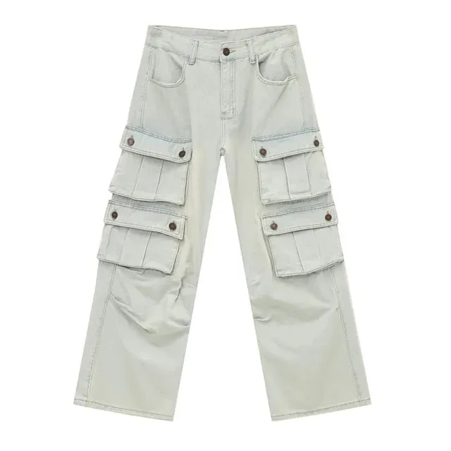 Solid Light Denim Loose Cargo Jeans
