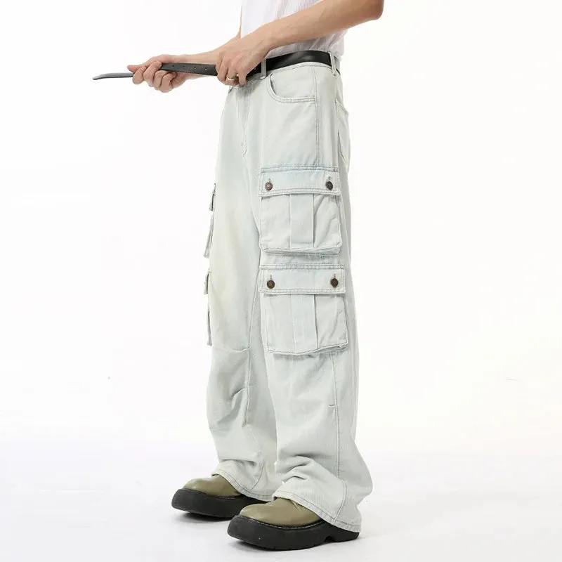Solid Light Denim Loose Cargo Jeans