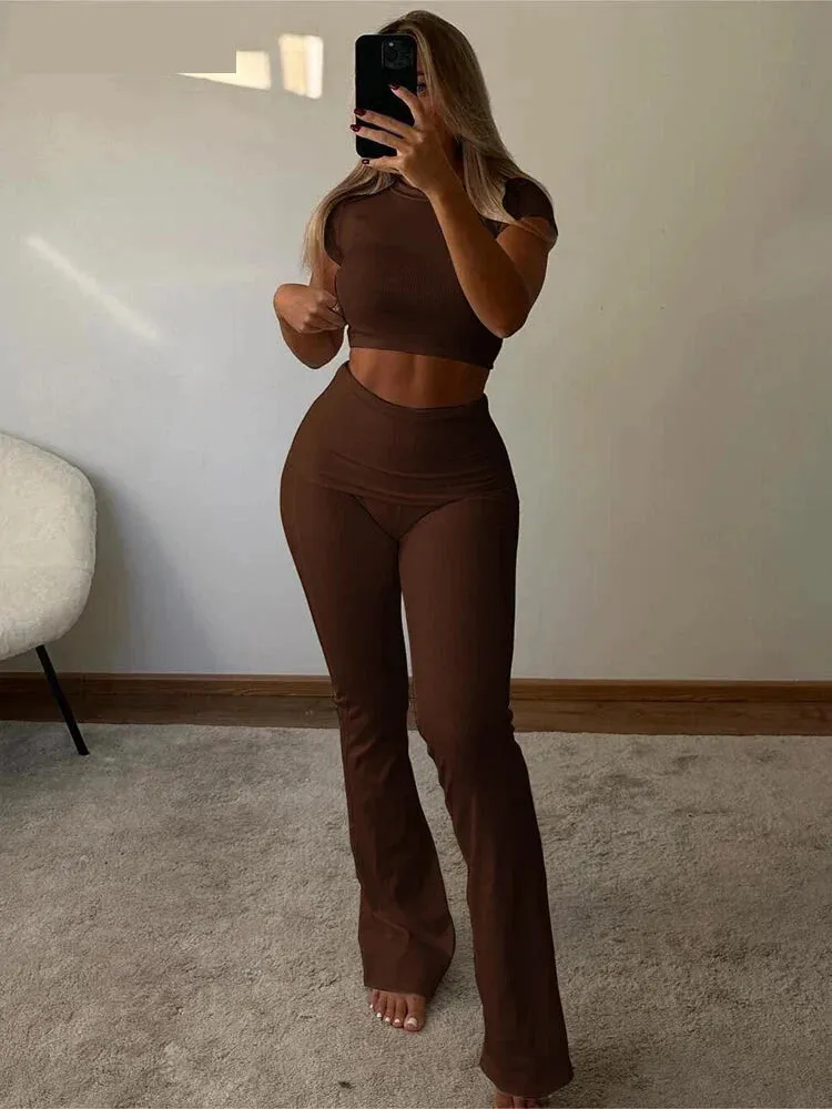Two-Piece Women's Outfit with Cropped Tee and Flared Palazzo Pants