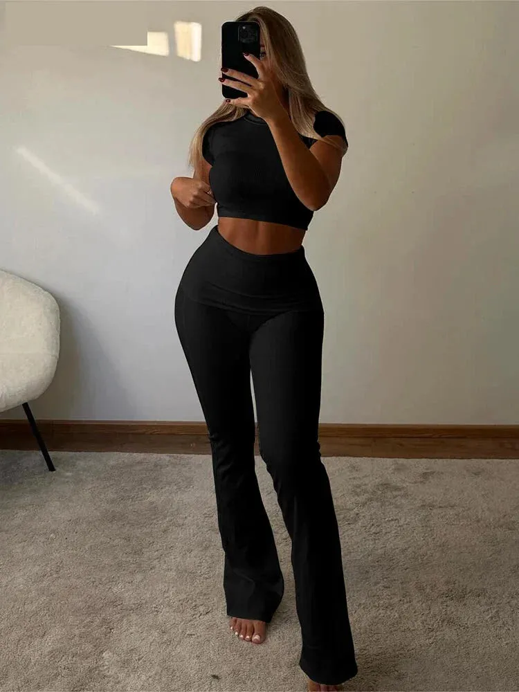 Two-Piece Women's Outfit with Cropped Tee and Flared Palazzo Pants
