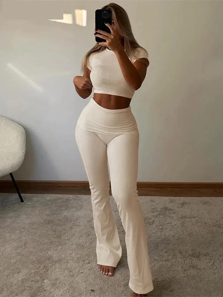 Two-Piece Women's Outfit with Cropped Tee and Flared Palazzo Pants