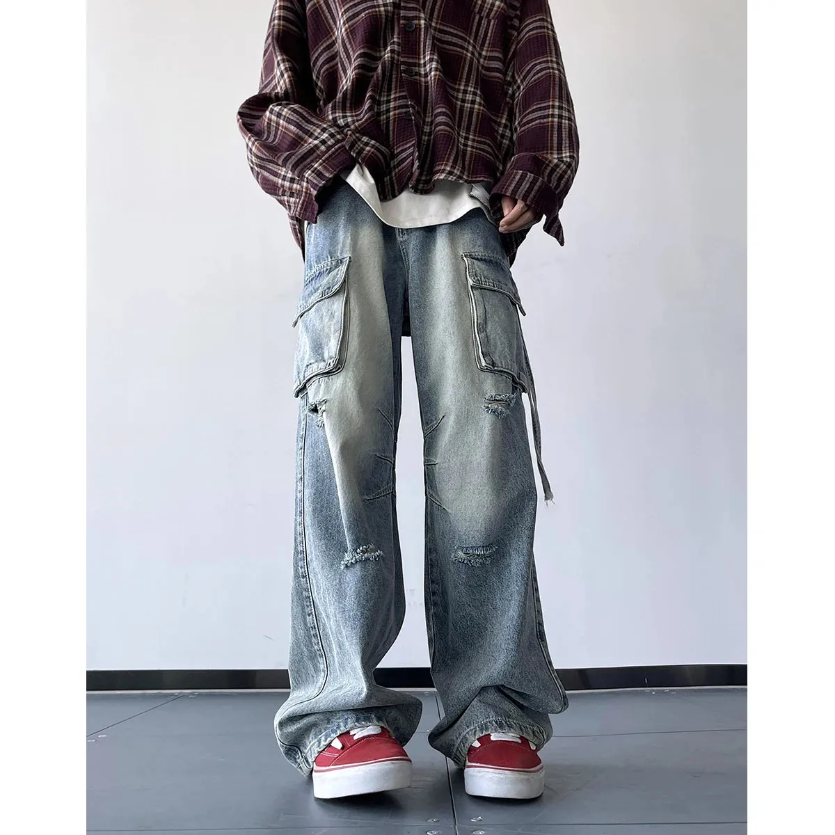 Wiaofellas  -  Men Ripped Holes Cargo jeans Fashion Burrs Vintage Blue Streetwear Casual Denim Pants Unisex Hip Hop Patchwork Jean Pants
