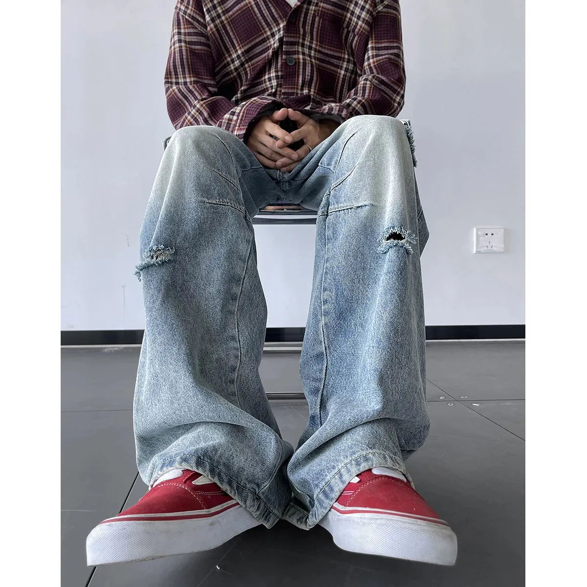 Wiaofellas  -  Men Ripped Holes Cargo jeans Fashion Burrs Vintage Blue Streetwear Casual Denim Pants Unisex Hip Hop Patchwork Jean Pants