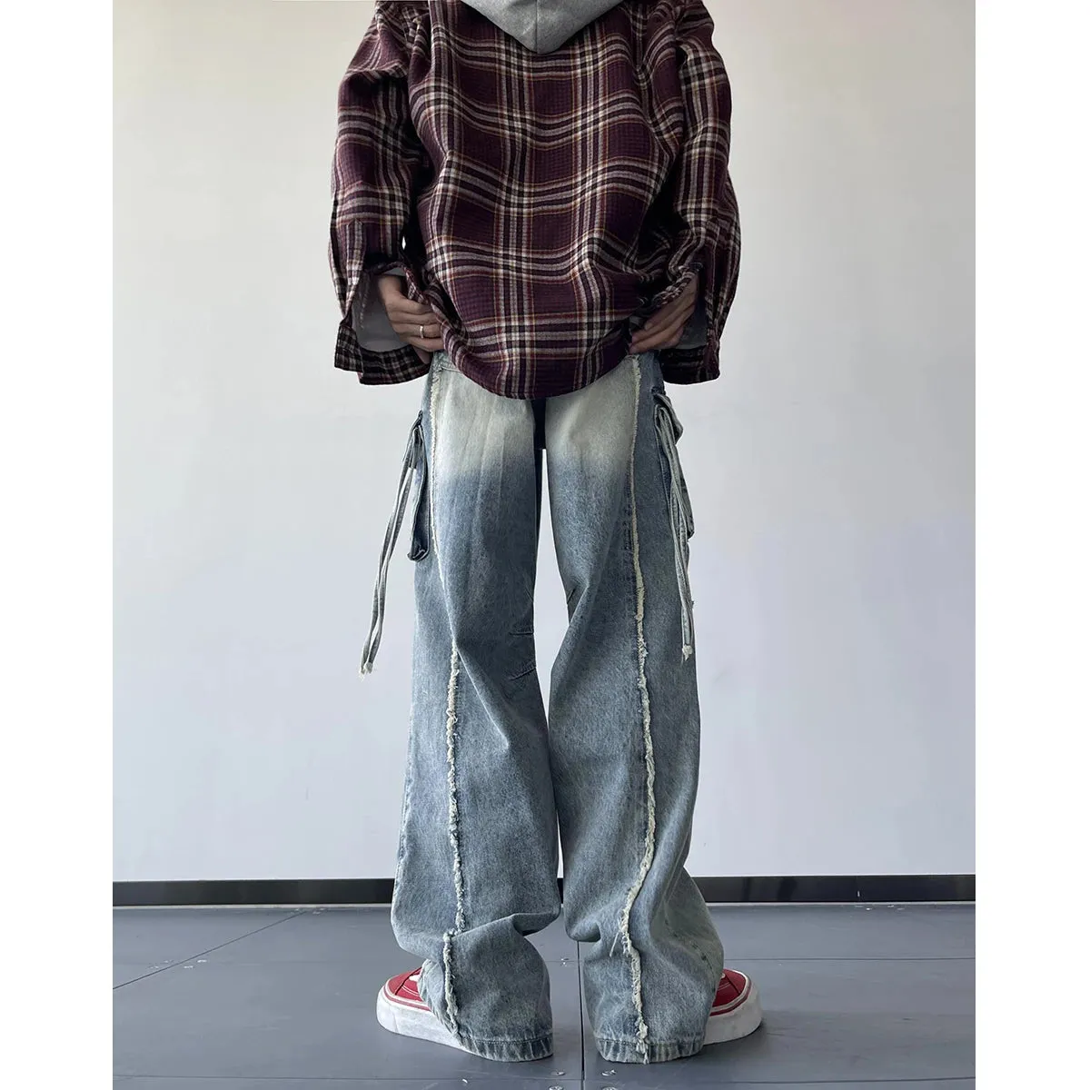 Wiaofellas  -  Men Ripped Holes Cargo jeans Fashion Burrs Vintage Blue Streetwear Casual Denim Pants Unisex Hip Hop Patchwork Jean Pants