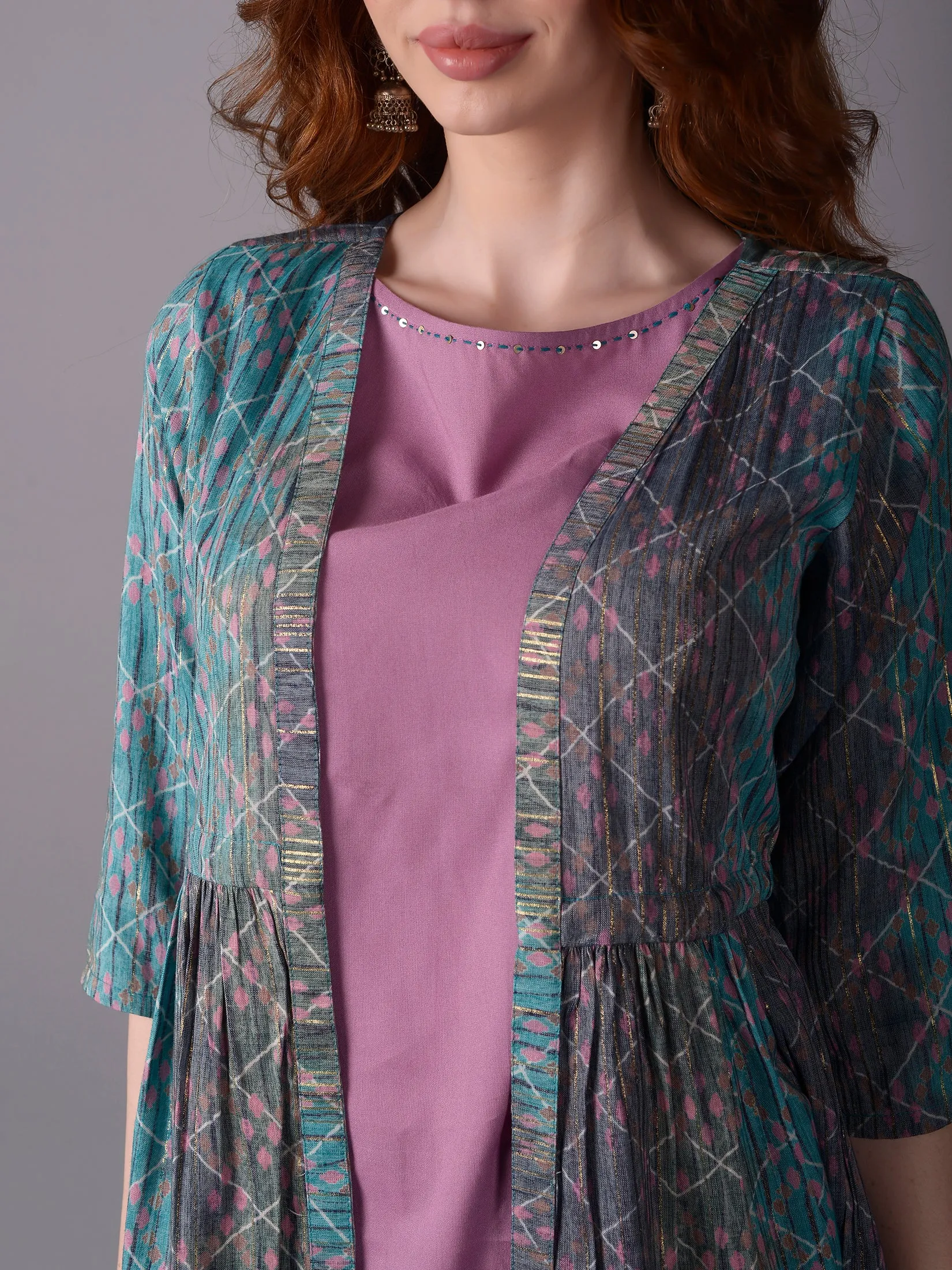 Women Multicolor Stripe Printed Kurta Comfort Pant Jacket