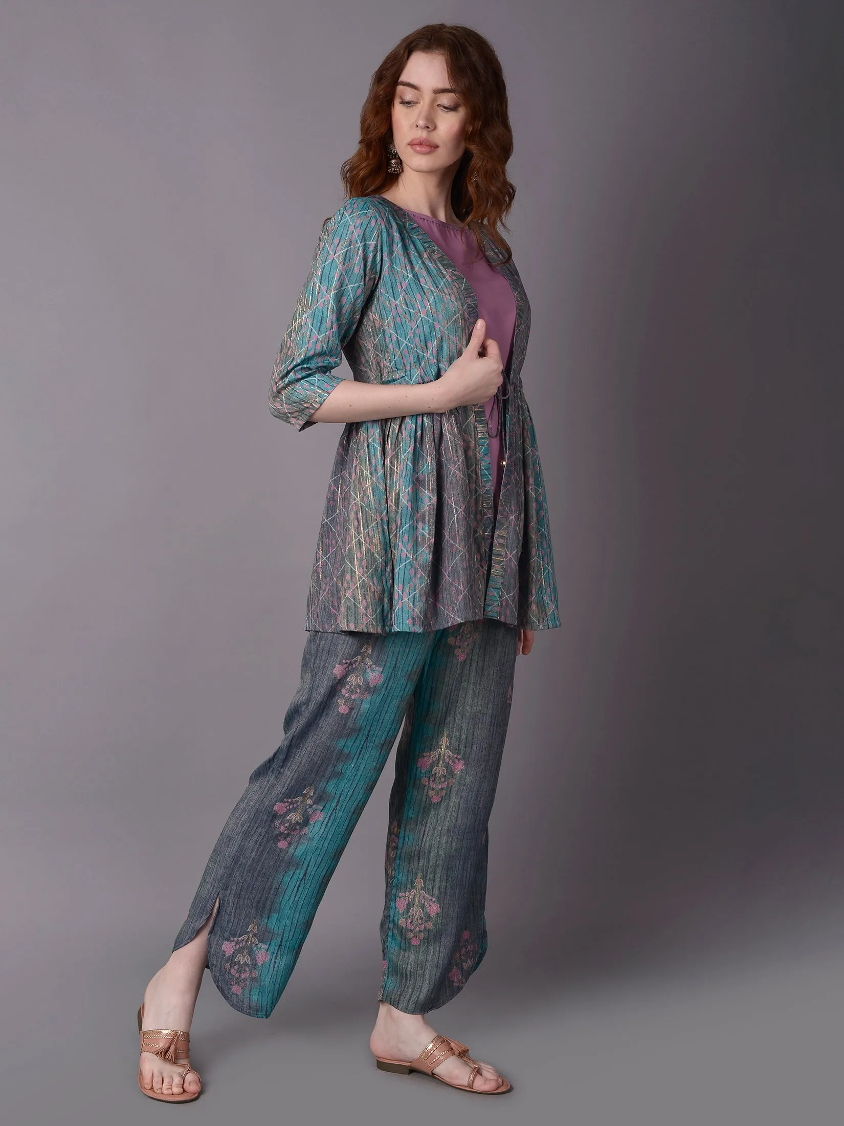 Women Multicolor Stripe Printed Kurta Comfort Pant Jacket