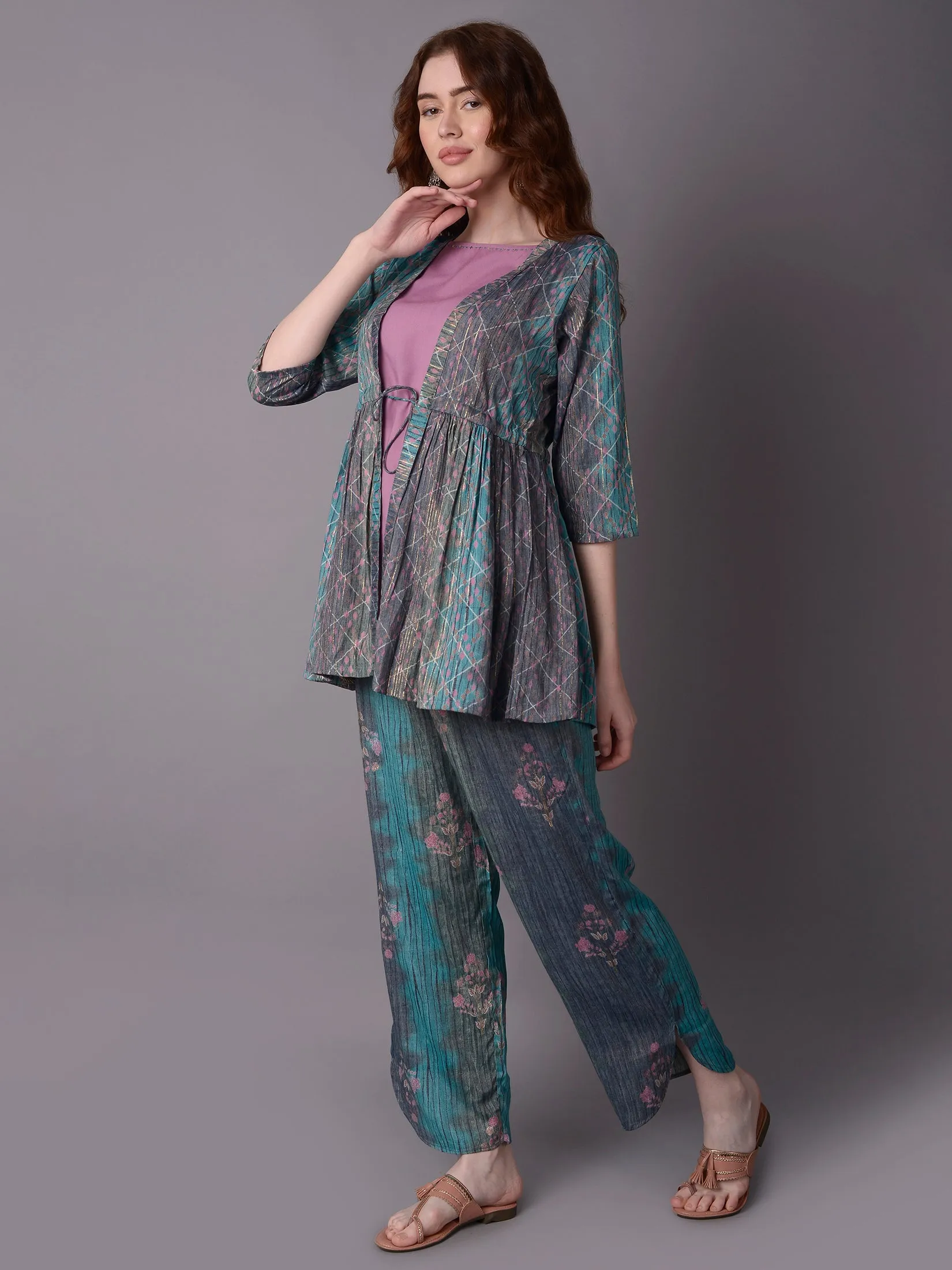Women Multicolor Stripe Printed Kurta Comfort Pant Jacket