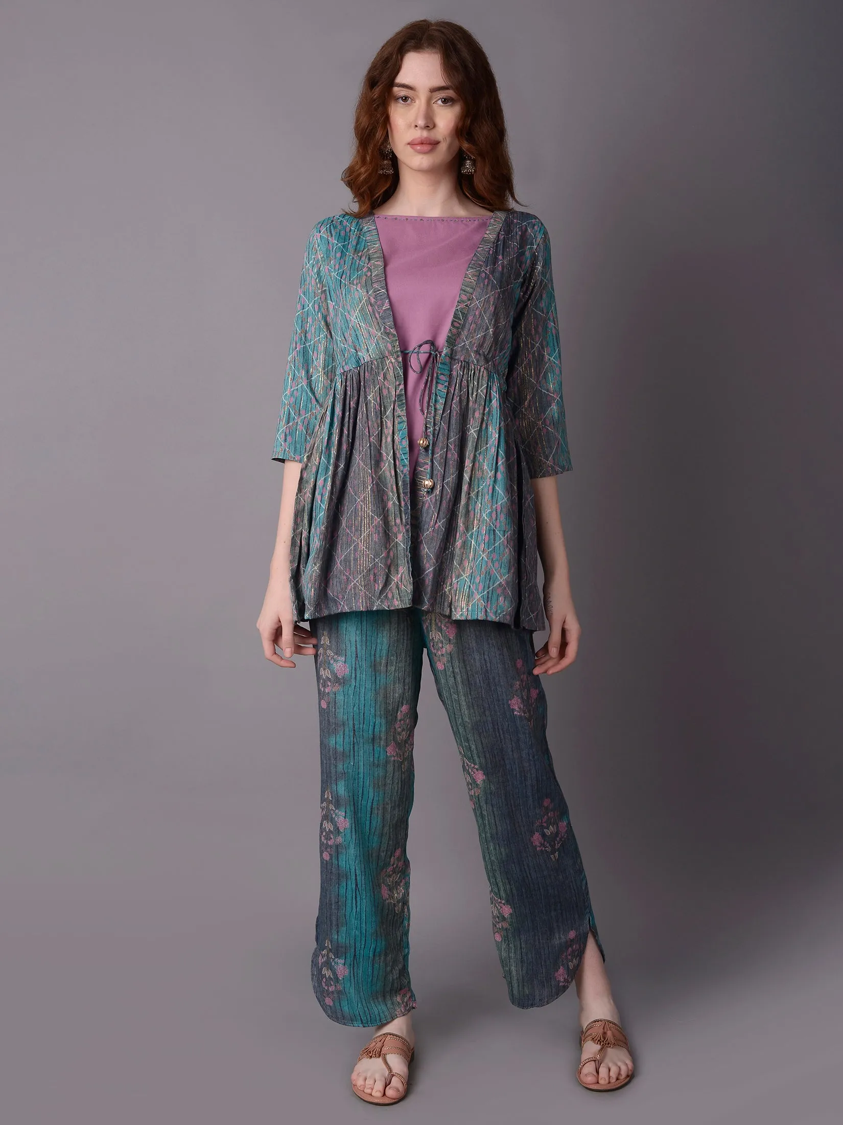 Women Multicolor Stripe Printed Kurta Comfort Pant Jacket
