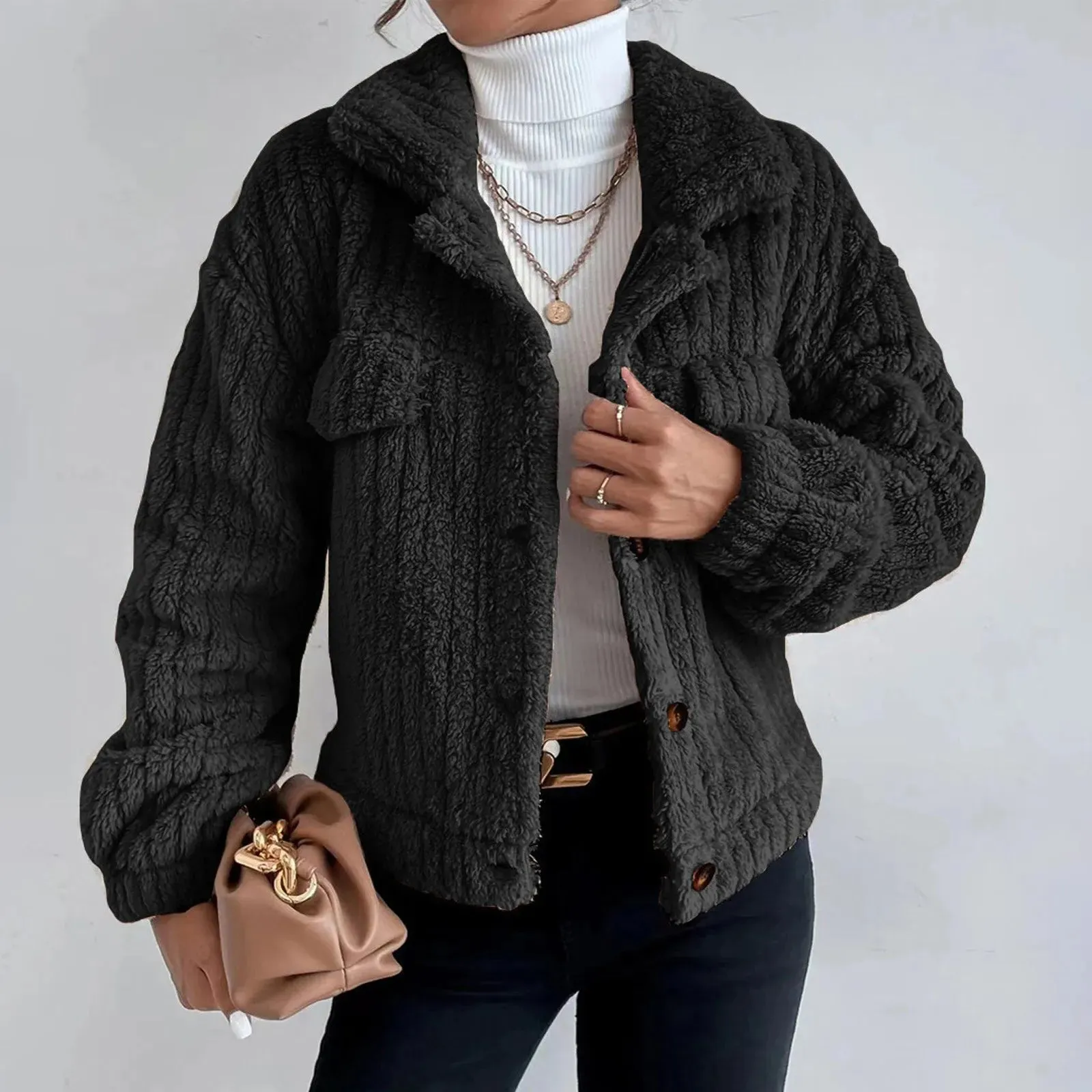 Women's Warm Fleece Jackets Long Sleeve Lapel Solid Color Winter Teddy Coat Rain Coat Winter Coat Anorak